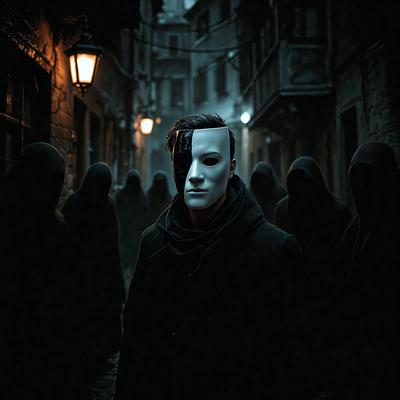 The primary subject of the image is a man wearing a mask, specifically a white mask. He is standing in a dark alley, surrounded by several other people who are also wearing masks. The setting appears to be a nighttime city street, with a brick wall visible in the background. The visual style of the image is a black and white photo, which adds to the overall mood and atmosphere of the scene.